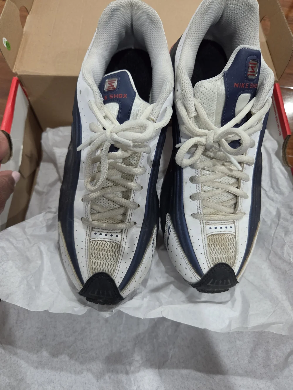 Boy's Nike Shox Running Sneakers - Navy Blue, White & Red